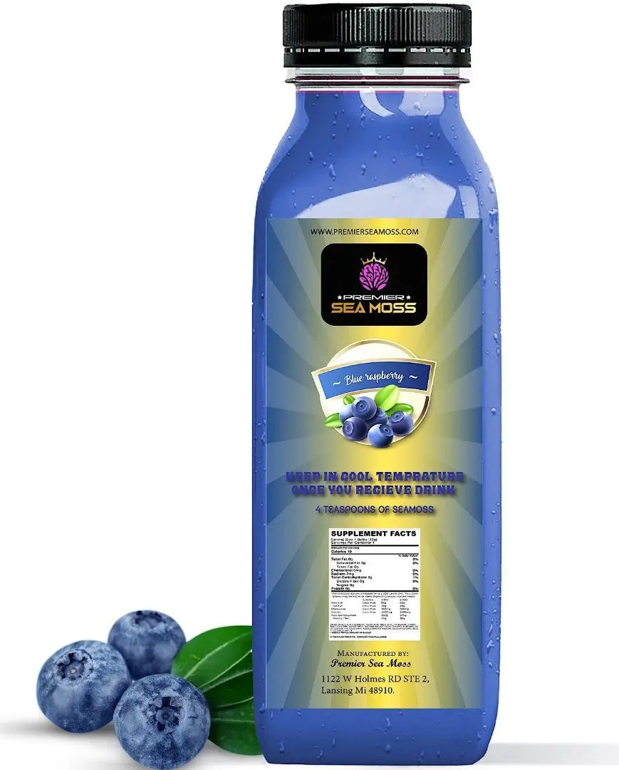 12 oz bottle of blue raspberry sea moss drink with a black cap, nutritional label, and fresh blueberries.