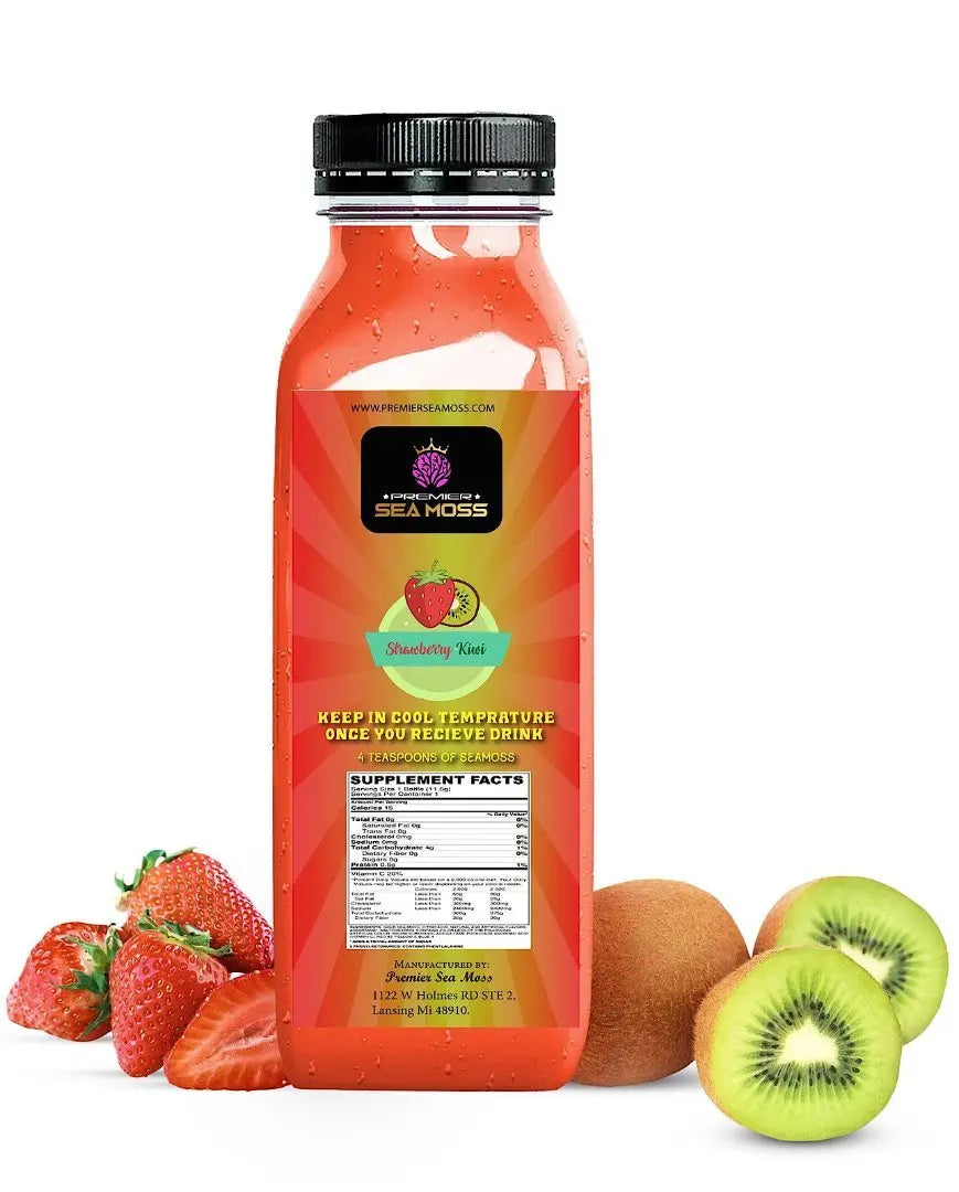 12 oz bottle of pink strawberry kiwi sea moss lemonade with a black cap, surrounded by fresh strawberries and kiwis.
