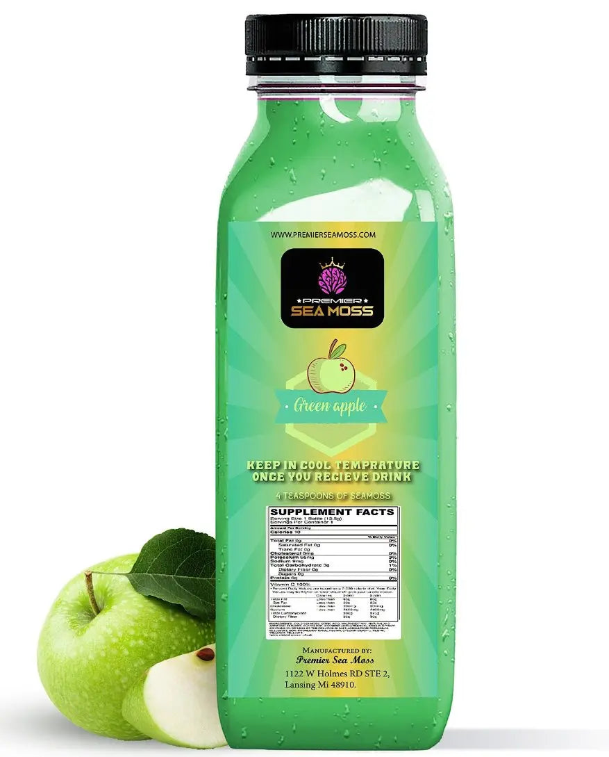 A 12 oz clear plastic bottle of green apple sea moss lemonade with a black cap, featuring a labeled nutritional panel.