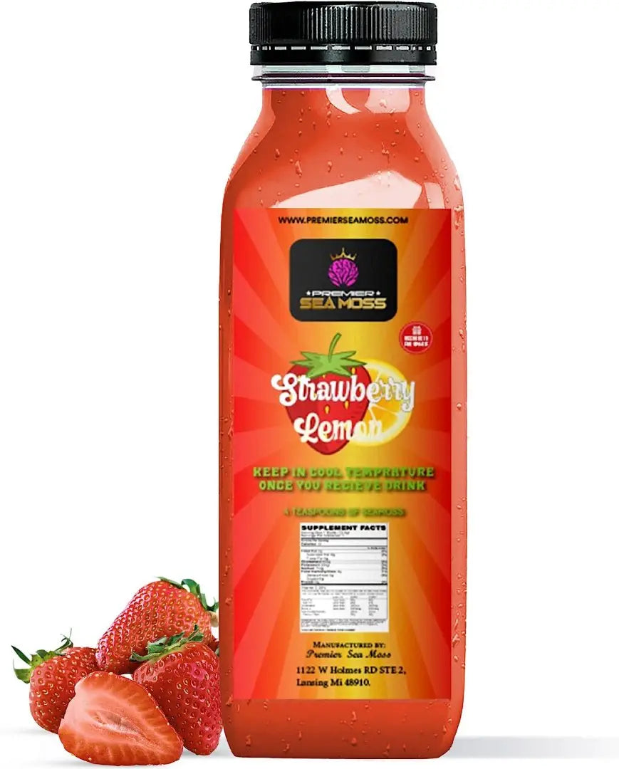 12 oz bottle of pink strawberry lemon sea moss drink with a black cap and label featuring fruit illustrations.