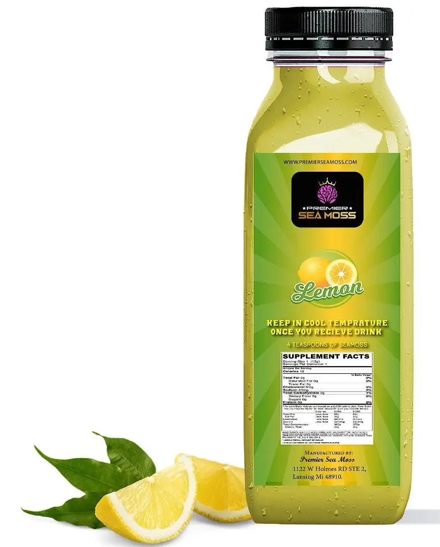 12 oz bottle of pale yellow Sea Moss Lemonade with a green label featuring lemon graphics and supplement facts.