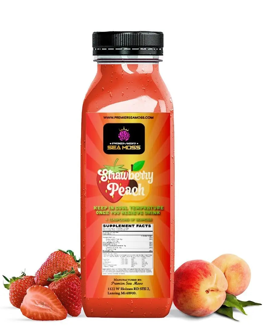 12 oz bottle of Premier Sea Moss Strawberry Peach lemonade with black cap, vibrant red label, and fresh fruit accents.