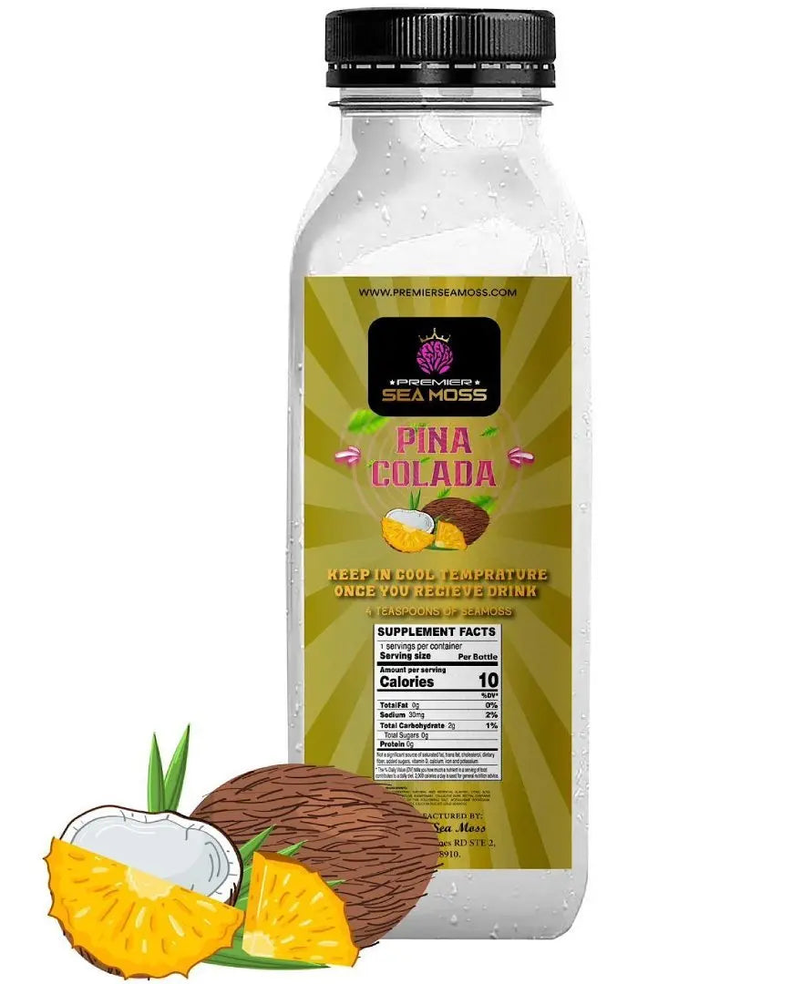 12 oz bottle of Piña Colada Sea Moss drink with a black cap, gold sunburst label, and pineapple/coconut graphics.