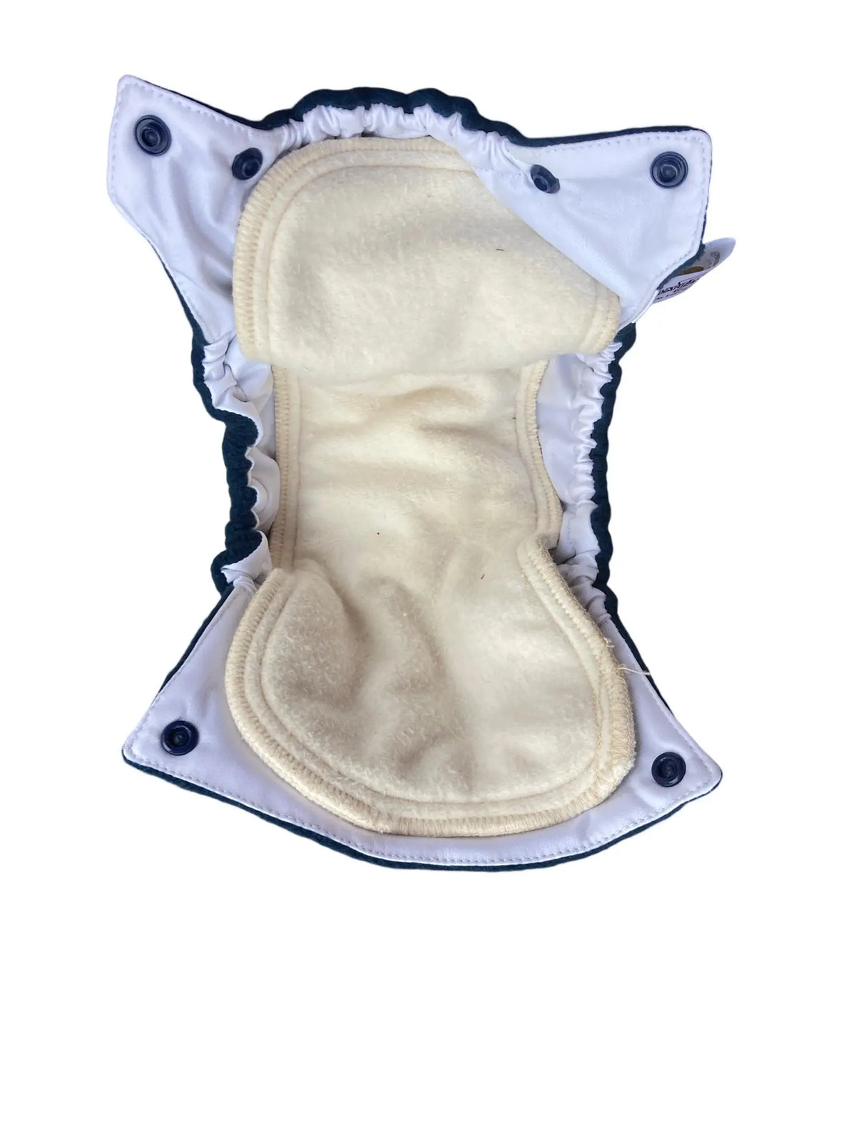 Cream-colored absorbent snap-in pad inside a dark blue all-in-two diaper cover with white interior and snap closures.
