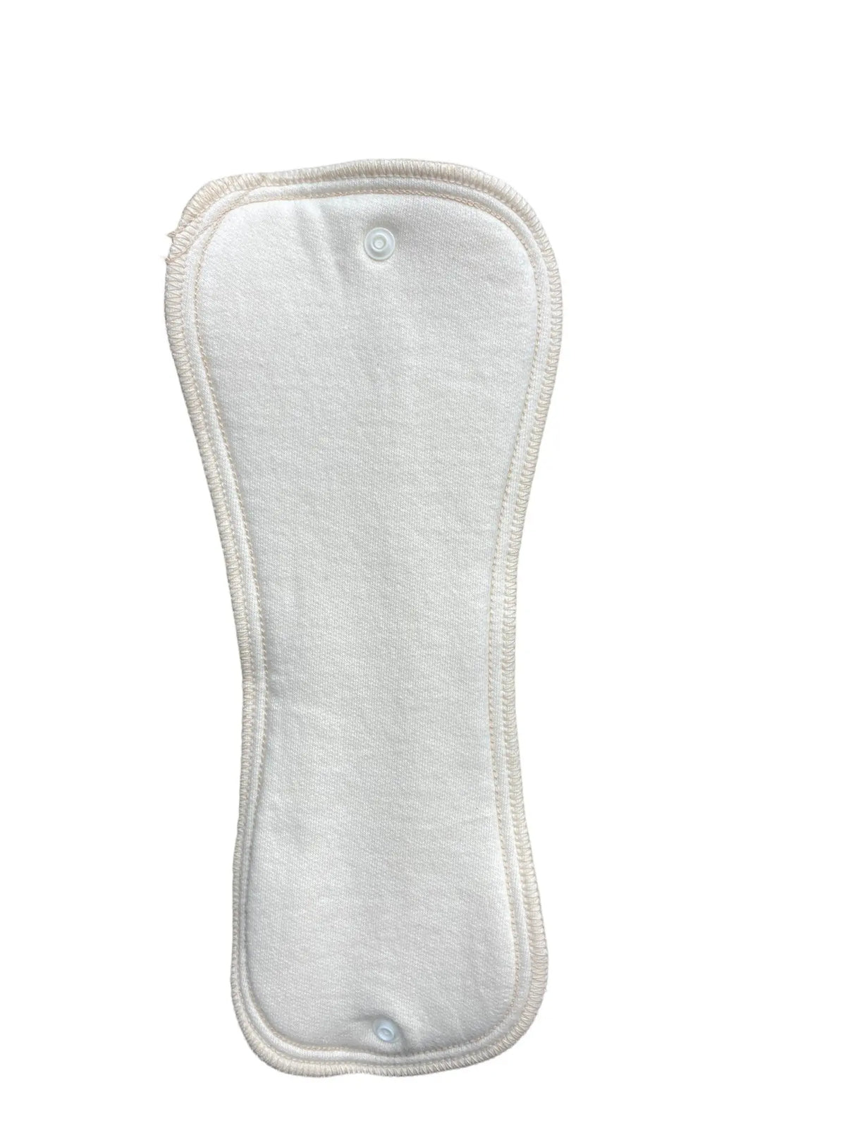 Hourglass-shaped, cream-colored absorbent cloth diaper insert with stitched edges and two snap buttons.