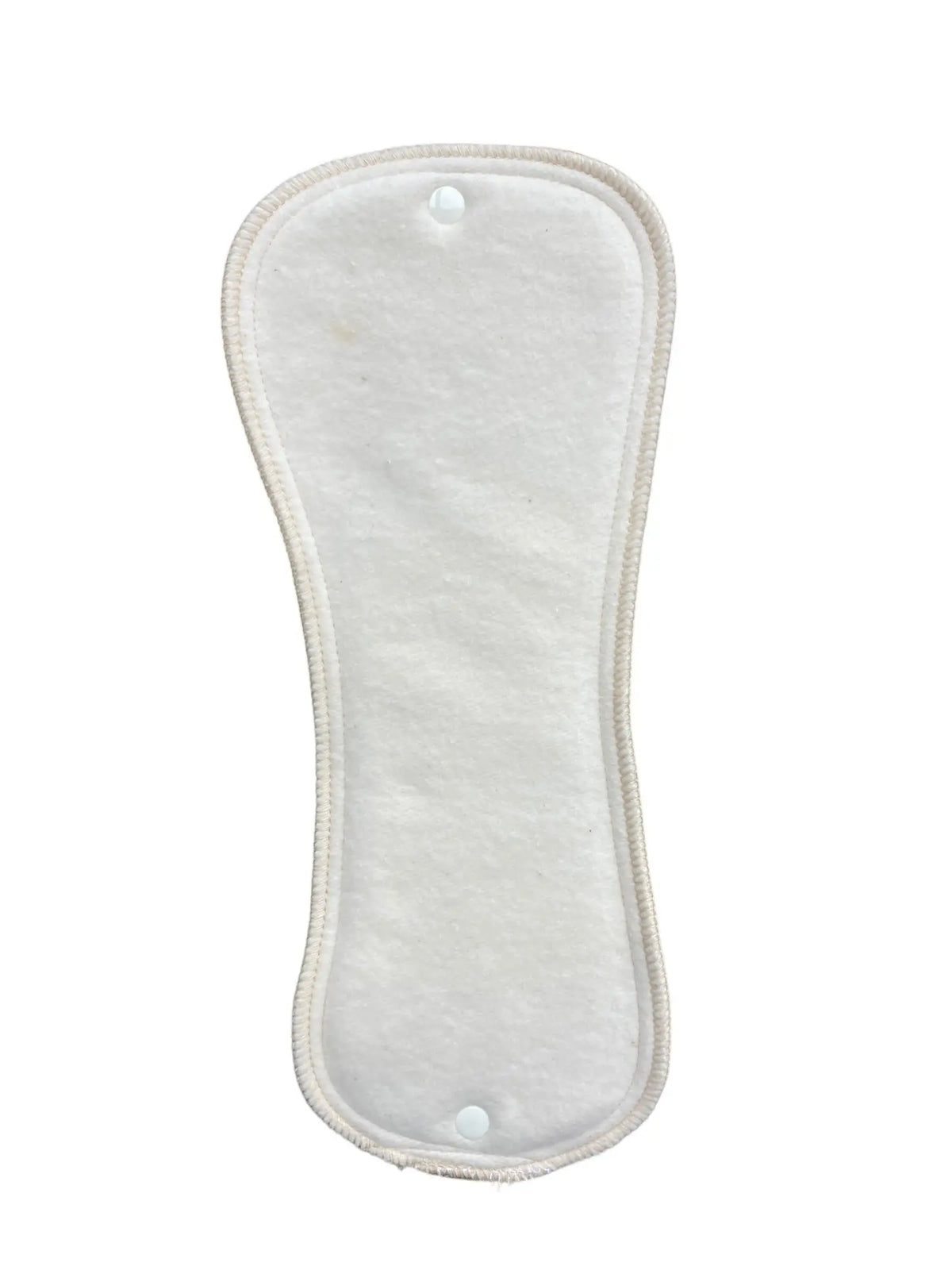 White hourglass-shaped fabric diaper insert with a stitched edge and a plastic snap at each end.