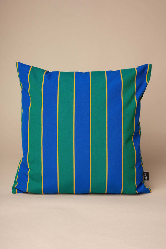 Square 50x50cm cushion cover in sturdy canvas, featuring vertical blue and green stripes accented with thin yellow lines.