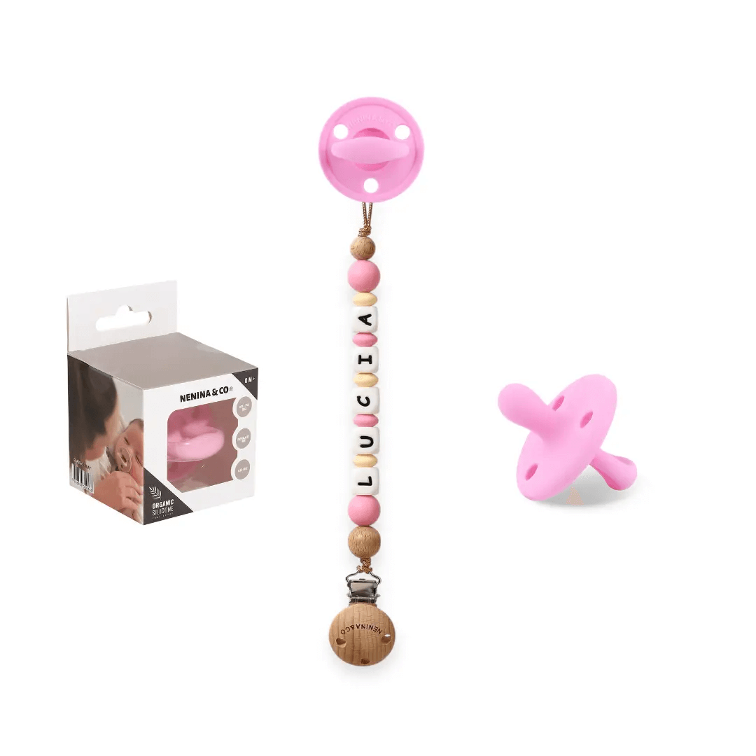 Kit Chupete Clásico Rosa pálido de Silicona + Chupetero con Nombre | Nenina & Co.