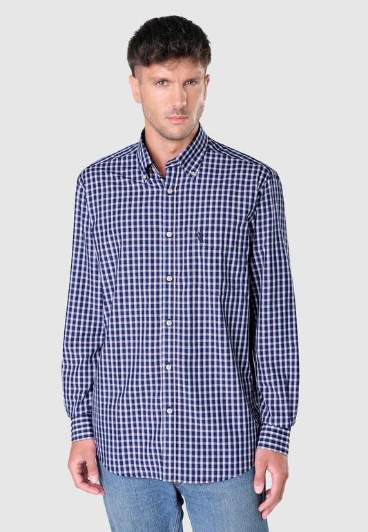 Camisa de hombre de manga larga, tejido popelín extrasuave, estampado de cuadros azul y blanco, corte clásico y bolsillo.