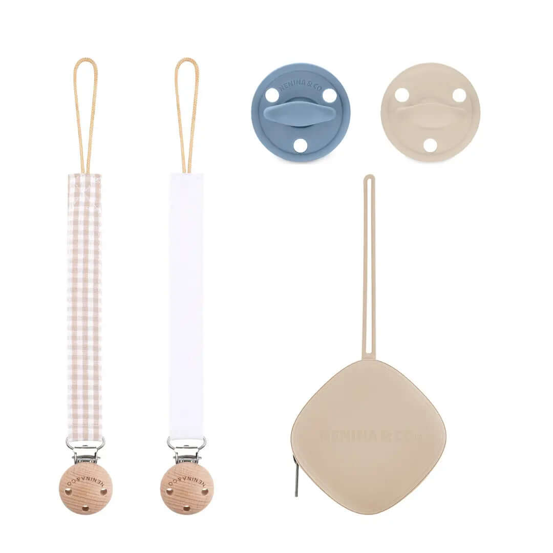 Kit 1 Guardachupete + 2 Chupeteros + 2 Chupetes Azul y Beige DIAMOND Nenina & Co