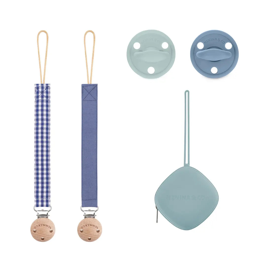 Kit 1 Guardachupete + 2 Chupeteros + 2 Chupetes Azul y Celeste DIAMOND Nenina & Co