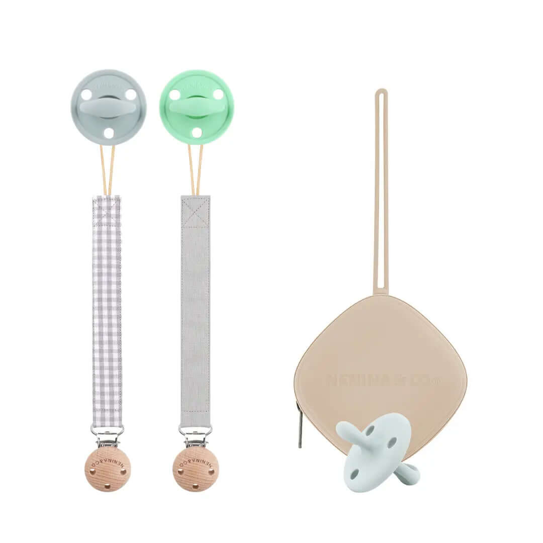 Kit 1 Guardachupete + 2 Chupeteros + 2 Chupetes Gris y Mint  DIAMOND Nenina & Co
