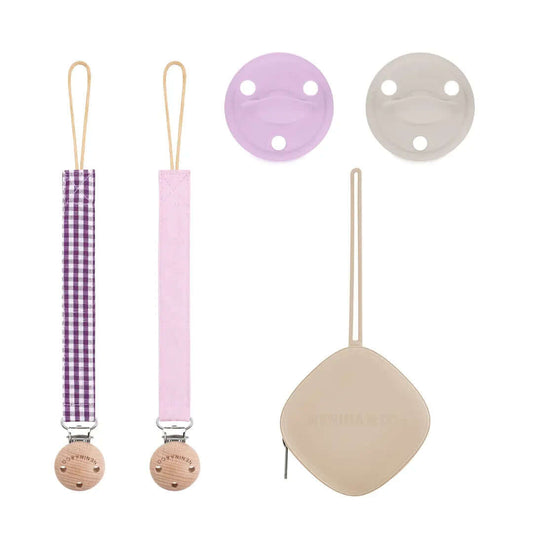 Kit Bebé 1 Guardachupete + 2 Chupeteros + 2 Chupetes Lila y Beige DIAMOND Nenina & Co