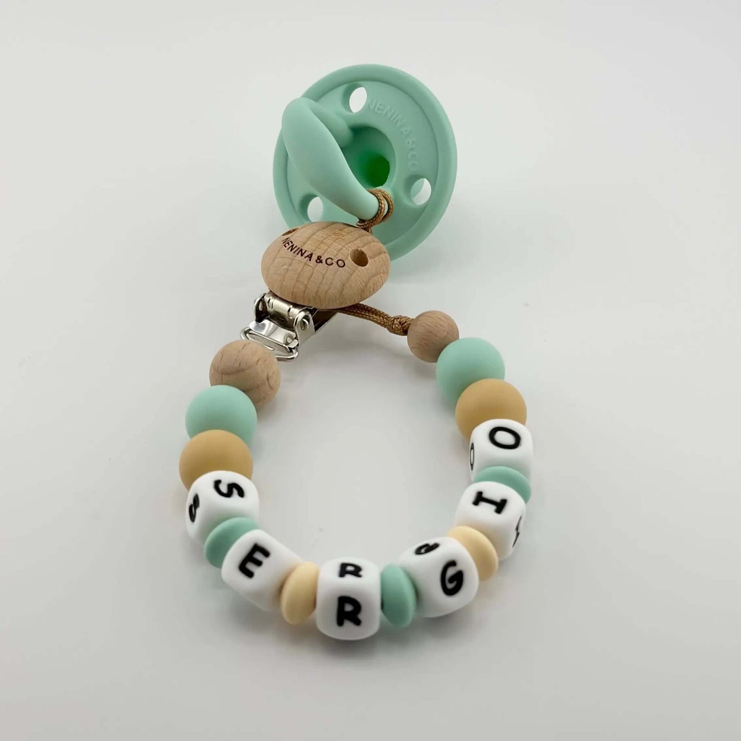 Kit Chupete Clásico Mint de Silicona + Chupetero con Nombre | Nenina & Co.