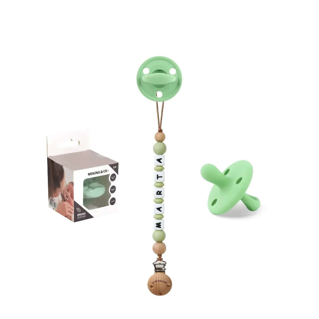 Kit Chupete Clásico Oliva de Silicona + Chupetero con Nombre | Nenina & Co.