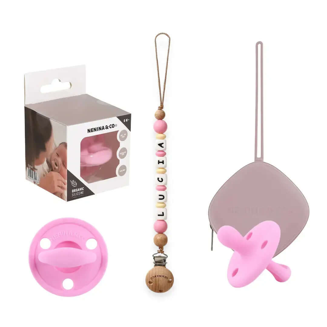 Kit Deluxe Chupete Clásico de Silicona + Chupetero Personalizado, Guardachupetes y Biberón Maternal | Nenina & Co