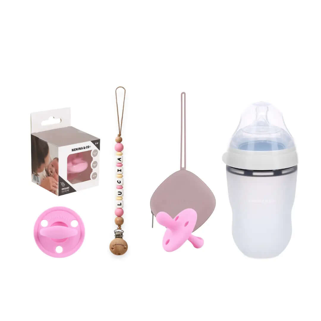 Kit Deluxe Chupete Clásico de Silicona + Chupetero Personalizado, Guardachupetes y Biberón Maternal | Nenina & Co