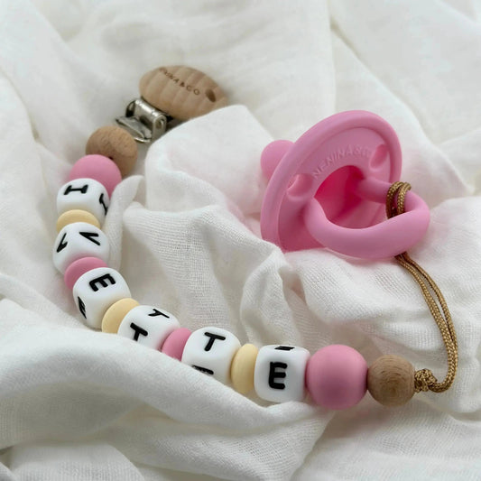 Kit Chupete Clásico Rosa chicle de Silicona + Chupetero con Nombre | Nenina & Co.