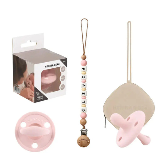 Kit Chupete Clásico Rosa pálido de Silicona + Chupetero con Nombre y Guardachupetes | Nenina & Co.