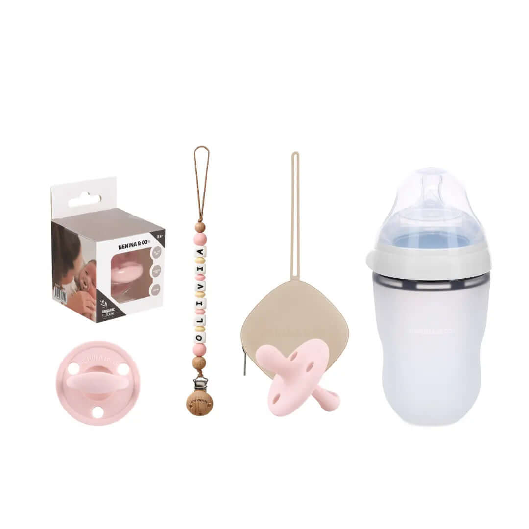 Kit Deluxe Chupete Clásico de Silicona + Chupetero Personalizado, Guardachupetes y Biberón Maternal | Nenina & Co