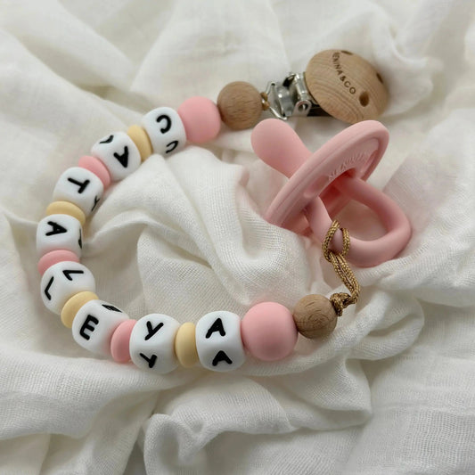 Kit Chupete Clásico Rosa pálido de Silicona + Chupetero con Nombre y Guardachupetes | Nenina & Co.