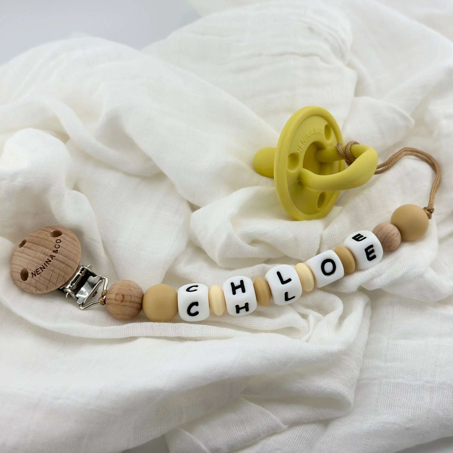 Kit Chupete Clásico de Silicona + Chupetero Beige con Nombre | Nenina & Co.