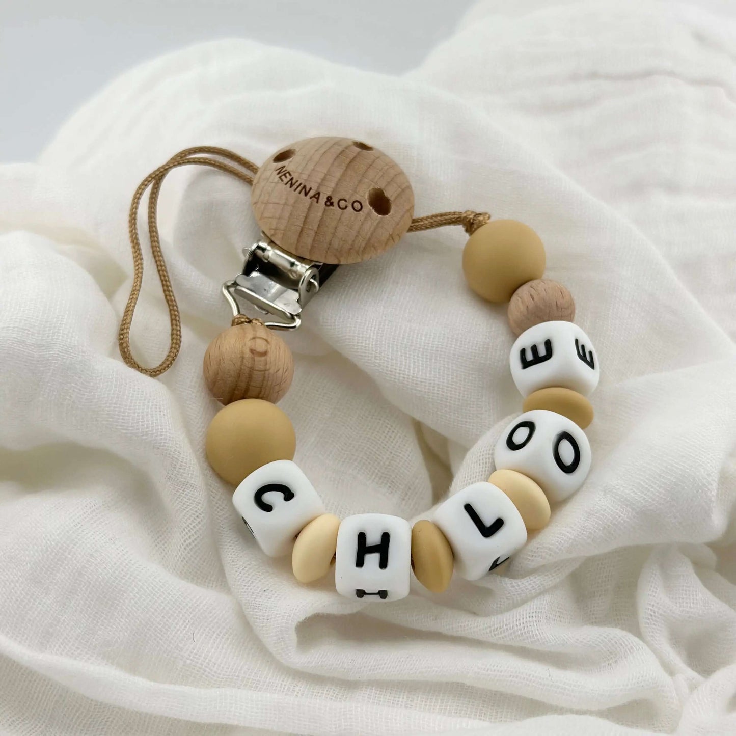 Kit Chupete Clásico de Silicona + Chupetero Beige con Nombre | Nenina & Co.