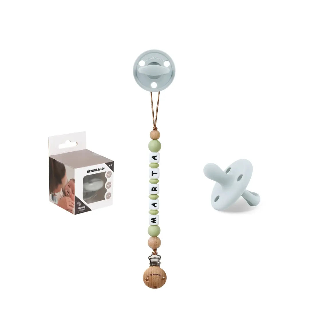 Kit Chupete Clásico de Silicona + Chupetero Oliva con Nombre | Nenina & Co.