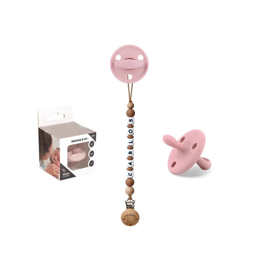 Kit Chupete Diamond Rosa pálido Silicona + Chupetero con Nombre | Nenina & Co.