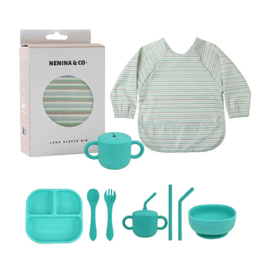 Kit Deluxe Vajilla + Babero BLW Turquesa 9 Piezas de Silicona orgánica con ventosas Nenina & Co