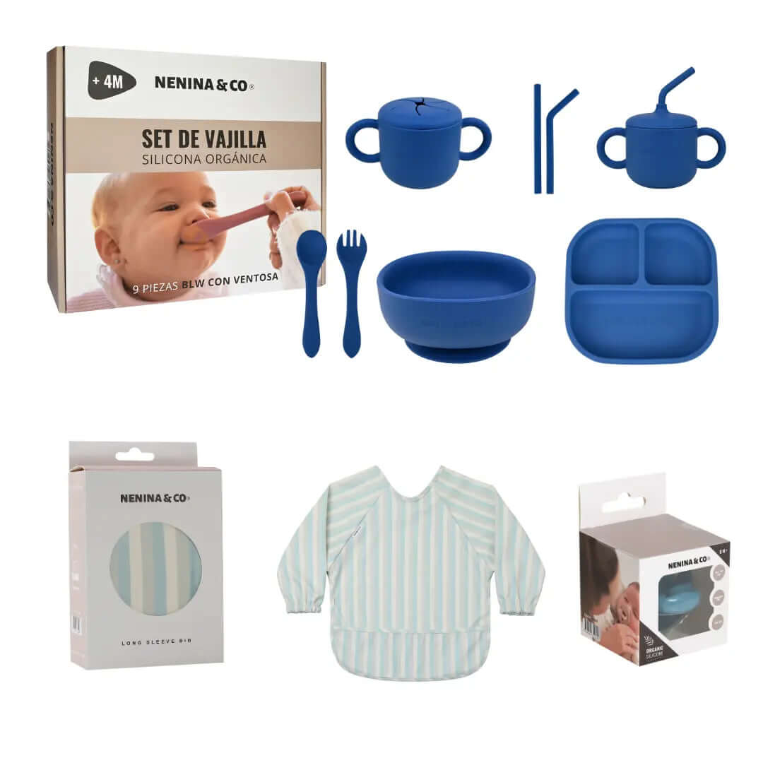 Kit Deluxe Babero + Vajilla BLW Blue 9 Piezas de Silicona orgánica con ventosas + Chupete Classic Breat Nenina & Co