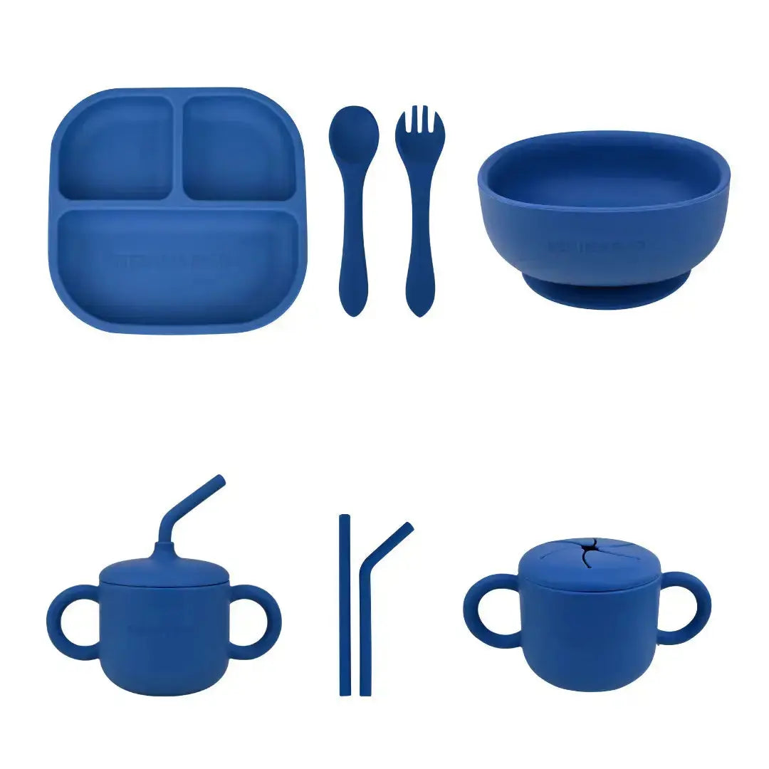 Kit Deluxe Vajilla + Babero BLW Blue 9 Piezas de Silicona orgánica con ventosas Nenina & Co