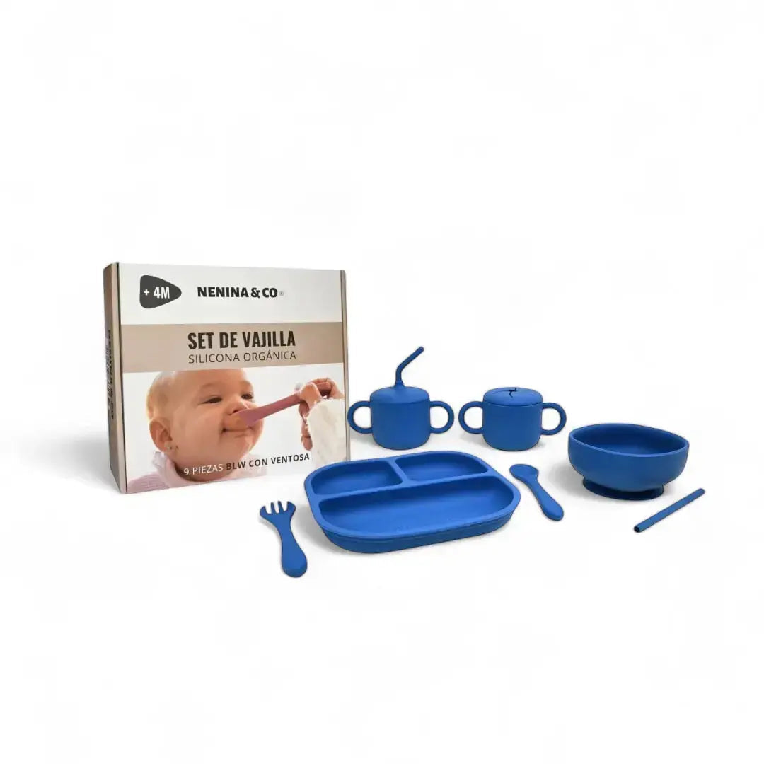 Kit Deluxe Vajilla + Babero BLW Blue 9 Piezas de Silicona orgánica con ventosas Nenina & Co
