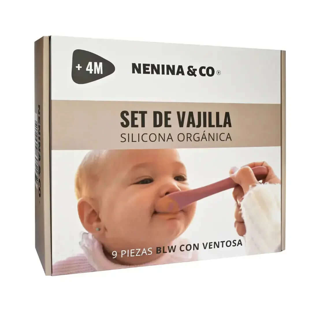 Kit Deluxe Babero + Vajilla BLW Blue 9 Piezas de Silicona orgánica con ventosas + Chupete Classic Breat Nenina & Co