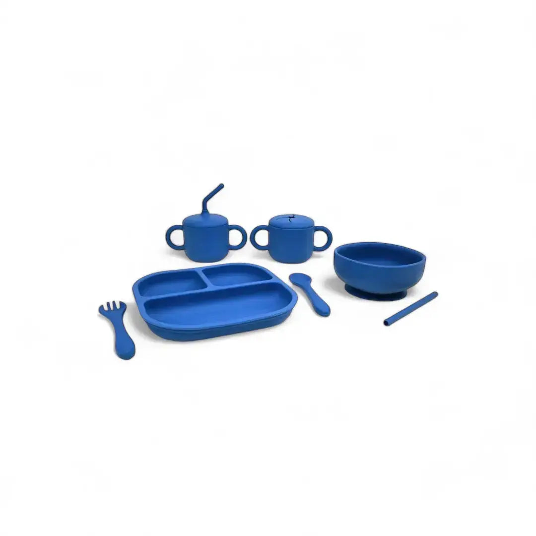 Kit Deluxe Vajilla + Babero BLW Blue 9 Piezas de Silicona orgánica con ventosas Nenina & Co