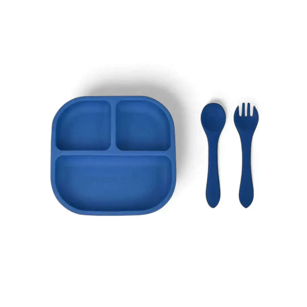 Kit Deluxe Babero + Vajilla BLW Blue 9 Piezas de Silicona orgánica con ventosas + Chupete Classic Breat Nenina & Co