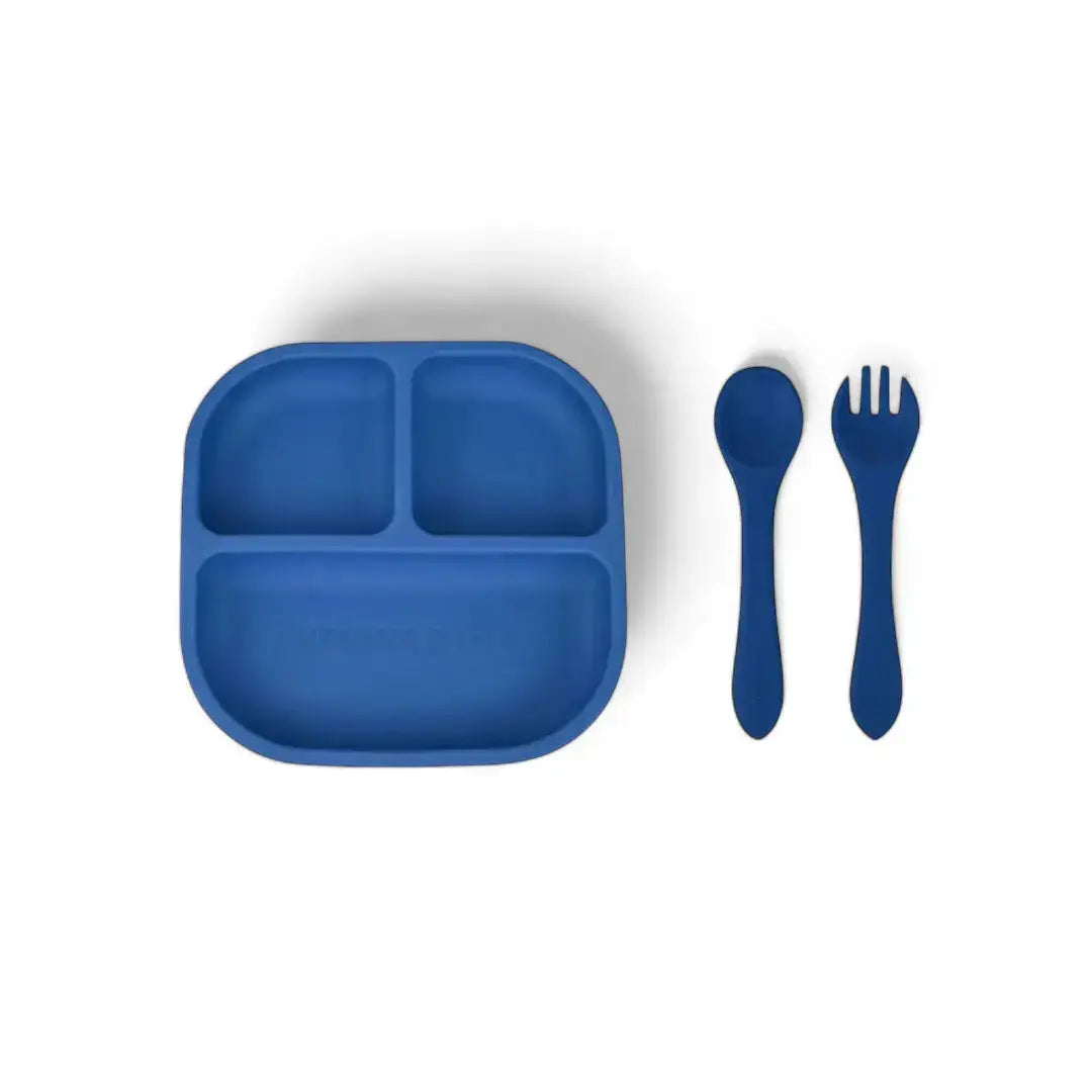 Kit Deluxe Vajilla + Babero BLW Blue 9 Piezas de Silicona orgánica con ventosas Nenina & Co