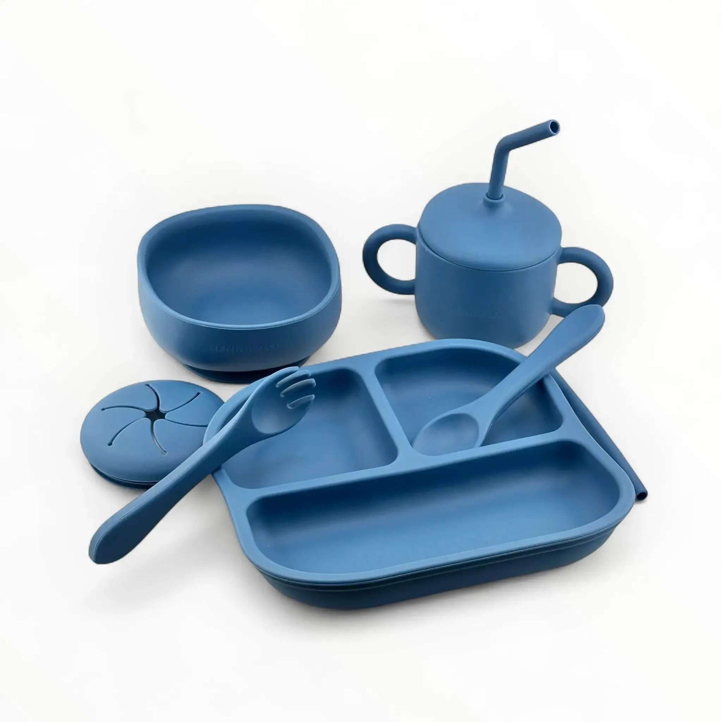 Kit Deluxe Babero + Vajilla BLW Blue 9 Piezas de Silicona orgánica con ventosas + Chupete Classic Breat Nenina & Co