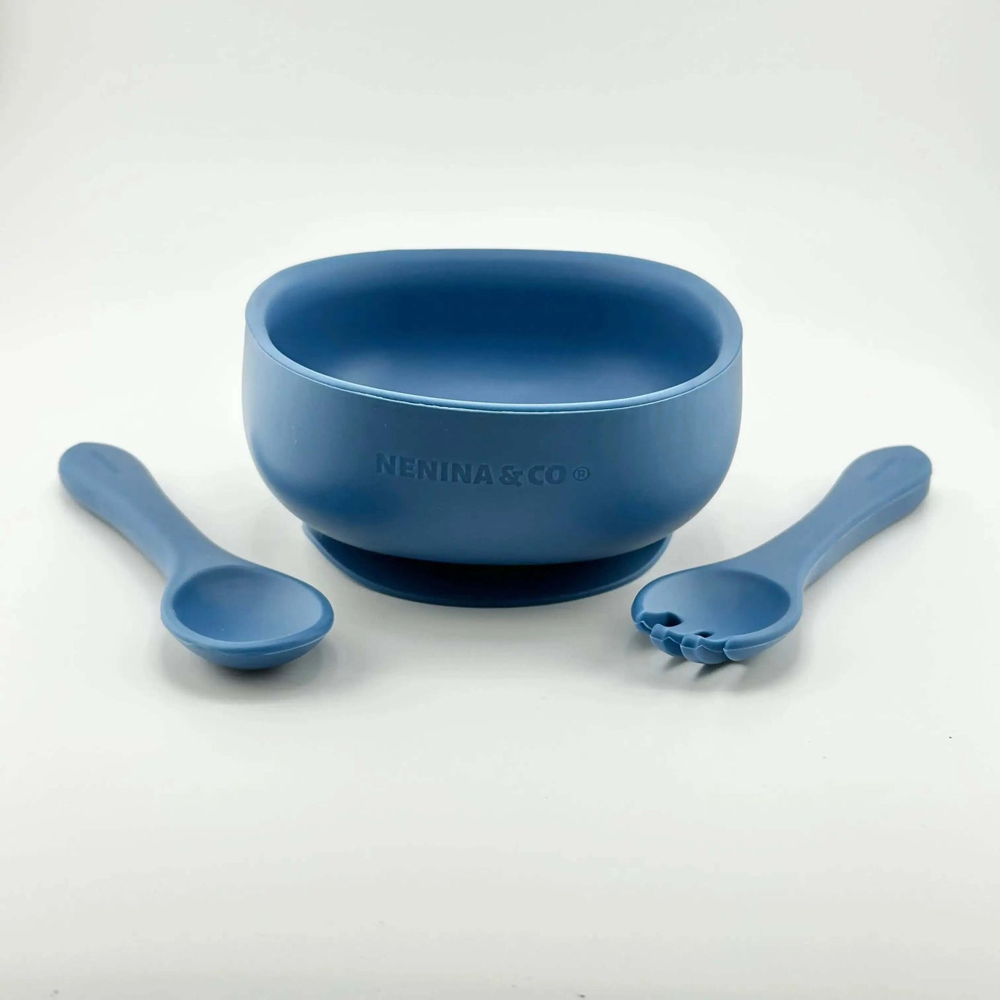 Kit Deluxe Babero + Vajilla BLW Blue 9 Piezas de Silicona orgánica con ventosas + Chupete Classic Breat Nenina & Co