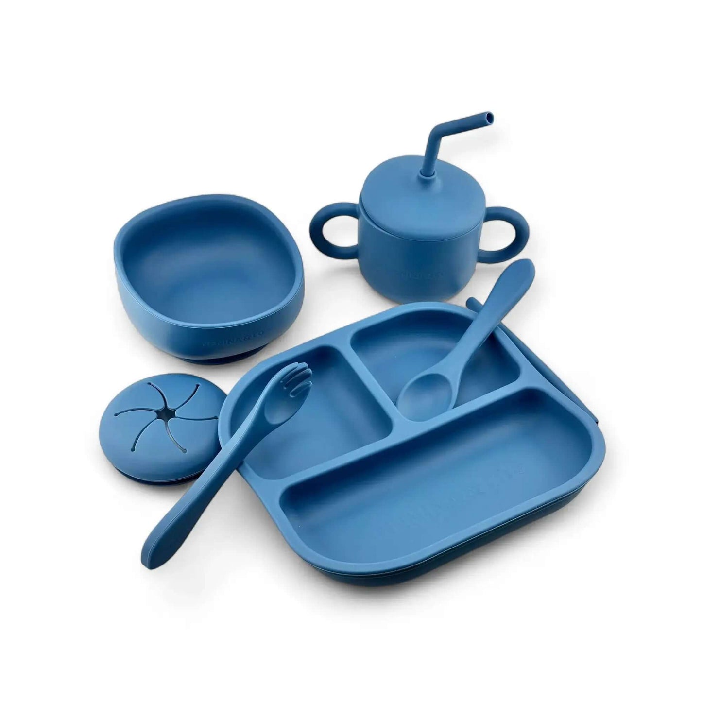 Kit Deluxe Babero + Vajilla BLW Blue 9 Piezas de Silicona orgánica con ventosas + Chupete Classic Breat Nenina & Co