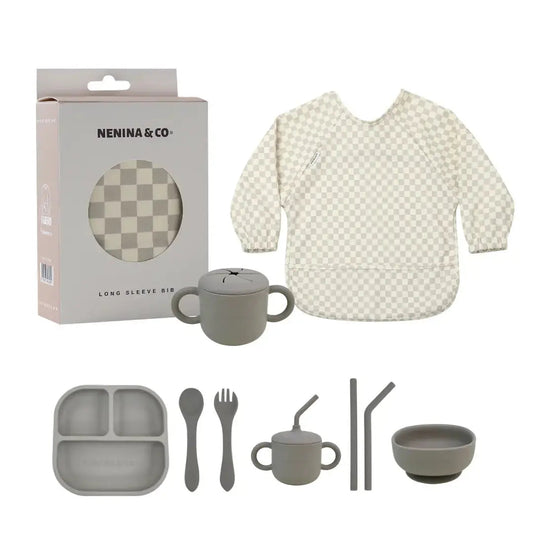 Kit Deluxe Vajilla + Babero BLW Gris 9 Piezas de Silicona orgánica con ventosas Nenina & Co