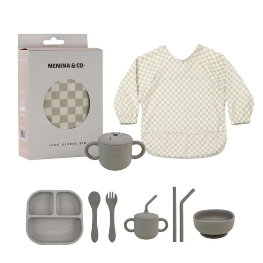 Kit Deluxe Babero + Vajilla BLW Gris 9 Piezas de Silicona orgánica con ventosas Nenina & Co