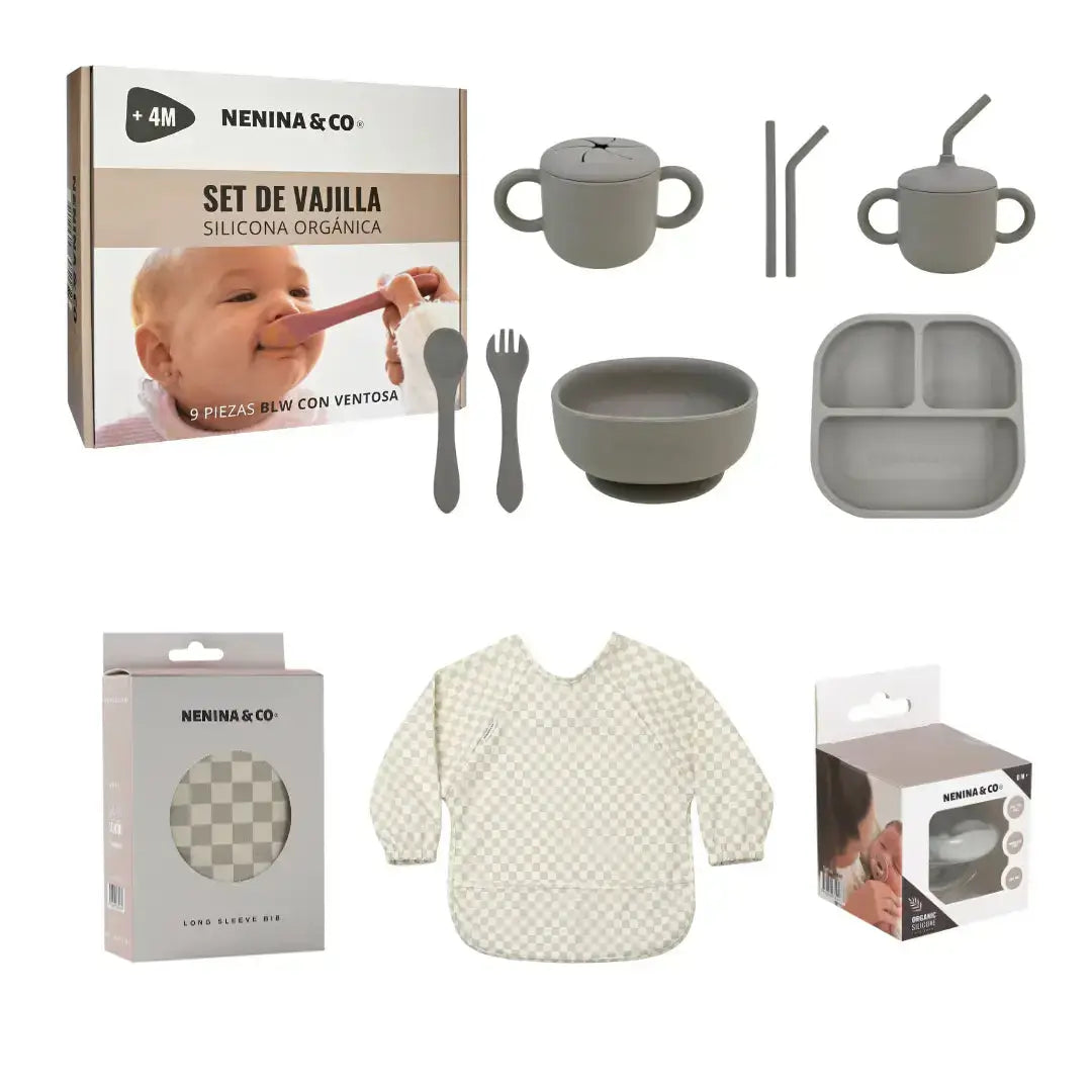Kit Deluxe Babero + Vajilla BLW Gris 9 Piezas de Silicona orgánica con ventosas Nenina & Co