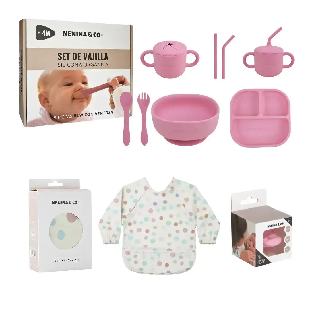 Kit Deluxe Babero + Vajilla BLW Gris 9 Piezas de Silicona orgánica con ventosas Nenina & Co