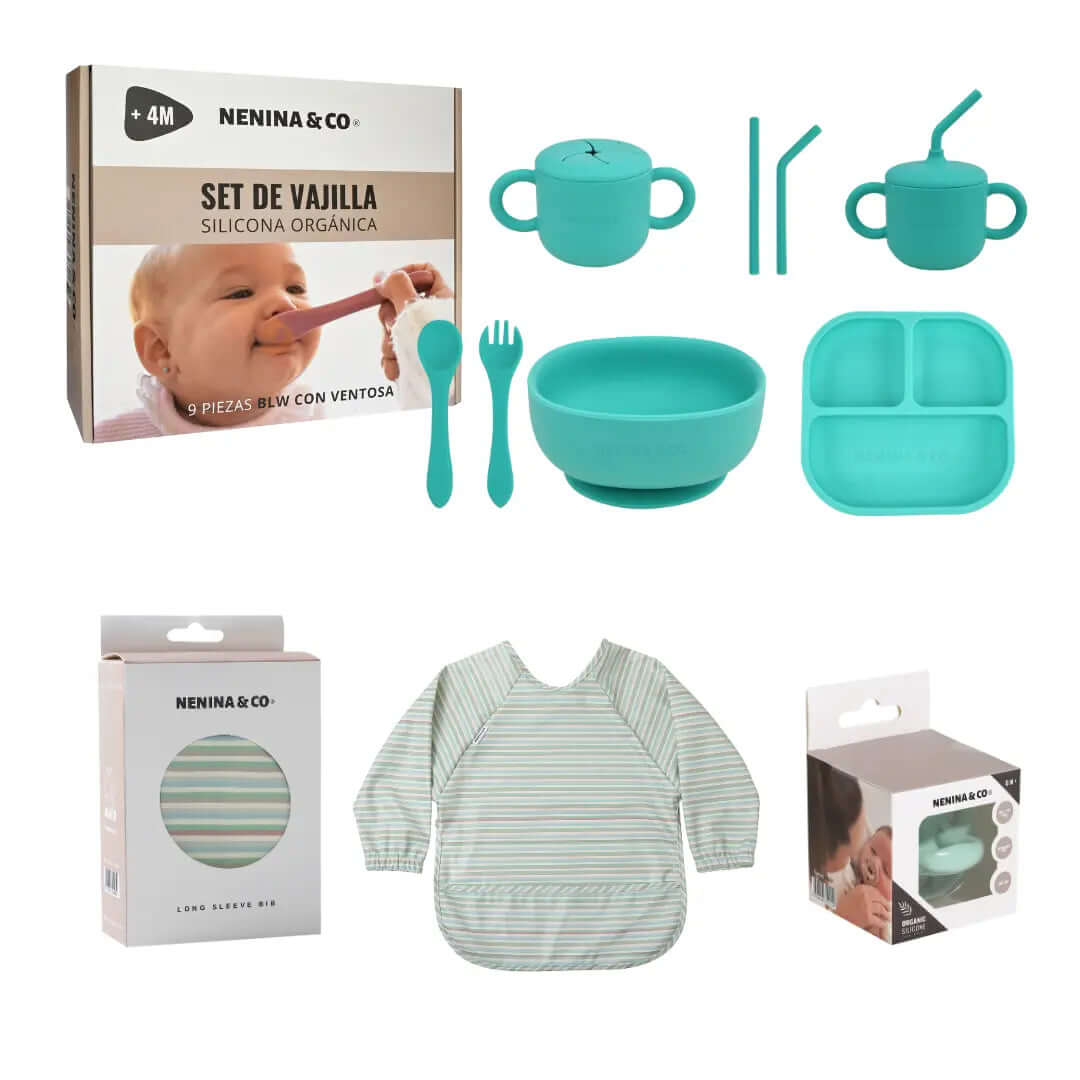 Kit Deluxe Vajilla + Babero BLW Pink 9 Piezas de Silicona orgánica con ventosas Nenina & Co