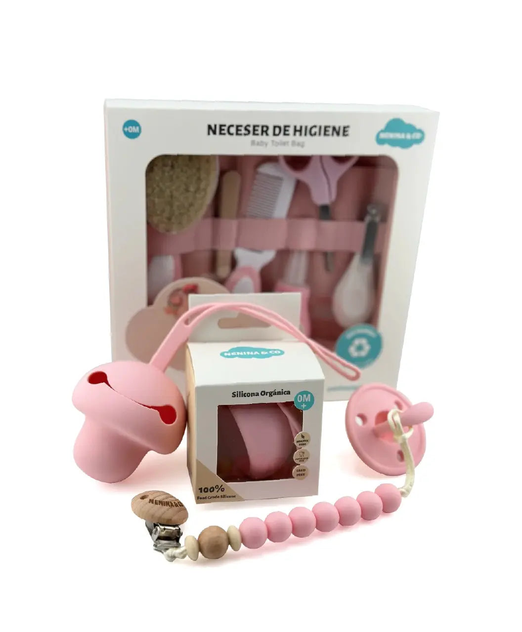 Kit Regalo ideal Neceser de Higiene + Chupete + Chupetero + Guardachupete Nenina & Co