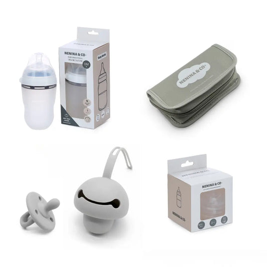 Kit Regalo ideal  Set de higiene + Guardachupete + Chupete + Biberón + Repuesto de 4 tetinas Nenina & Co