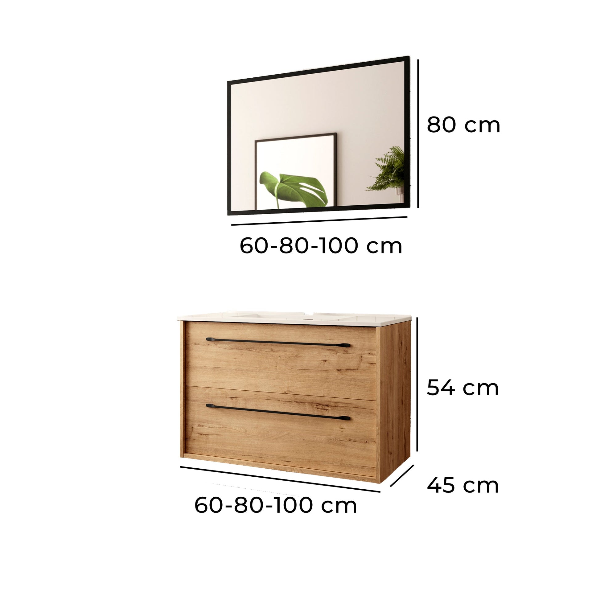 conjunto mueble de baño con tiradores negros y espejo QUEENS