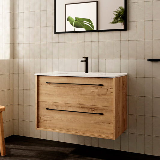 Mueble de Baño Roble Ostippo LENNOX con lavabo de encimera blanco