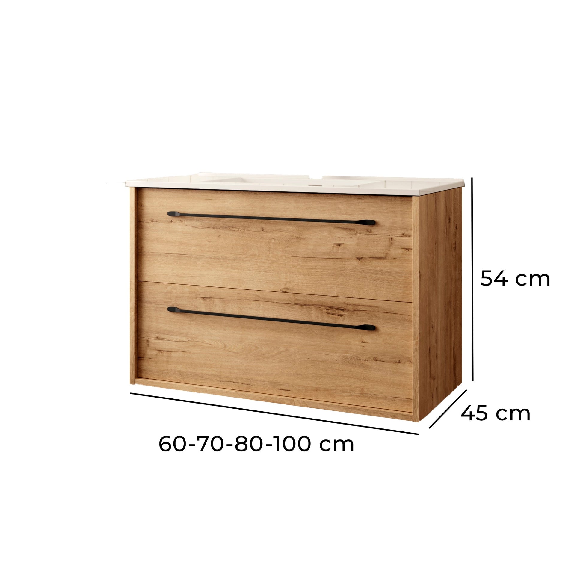 Vista frontal del Mueble de Baño Roble Ostippo con tiradores negros